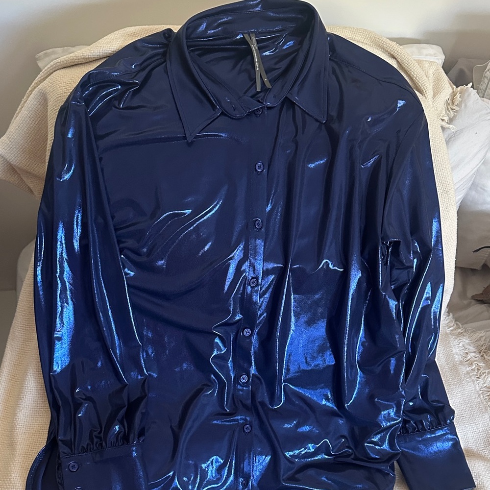 Anthropologie Shiny Blue Button-Up Top